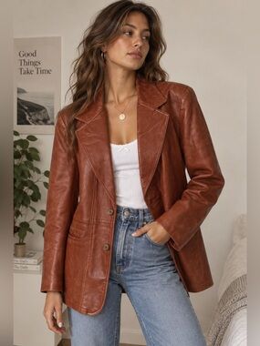 Vintage Silton California Leather Blazer Brown Cognac Size 44 70s Oversized